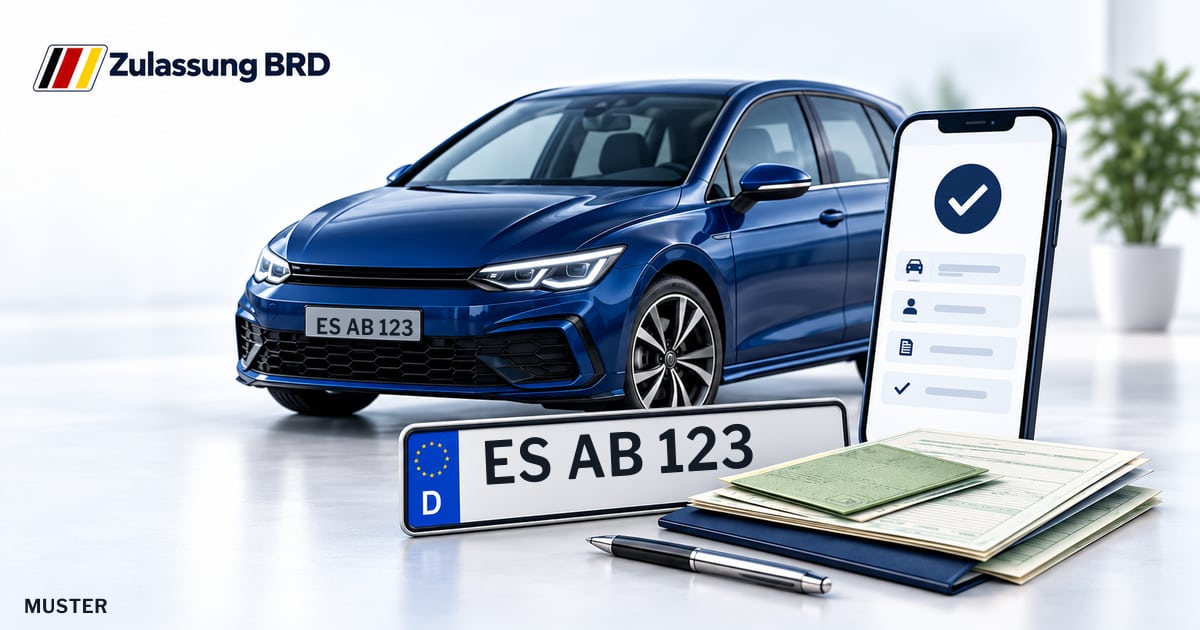 Online Fahrzeugzulassung in Leinfelden-Echterdingen: Musterkennzeichen ES AB 123, Auto und Fahrzeugpapiere und Smartphone. Illustration mit Logo von Zulassung BRD.